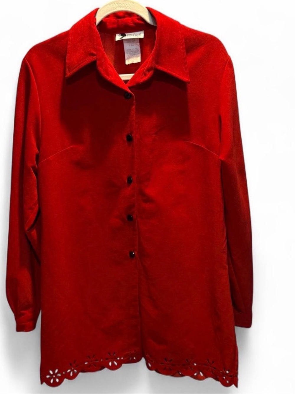 Vintage 90s Jessica Howard Essence by Mail Red Faux Suede Scalloped Button Up